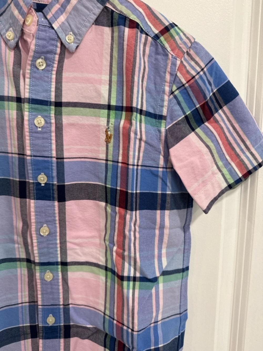 Polo Ralph Lauren Boys  8 Blue Pink Plaid Button Down Shirt Short Sleeve Preppy - Picture 2 of 8